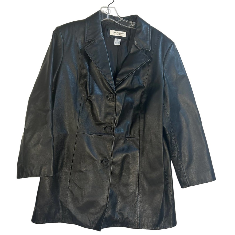 Preston & York Women's leather black 3-botton jacket Petite Large RN 58909